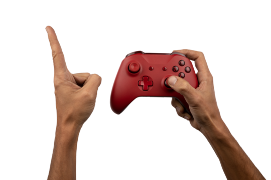Hands playing with a gamepad controller on transparent background pointing a finger up