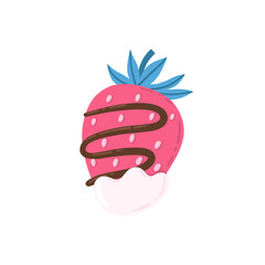 Ripe strawberry dessert with chocolate and cream. Valentine’s day concept illustration. Vector clipart for greeting cards, wedding invitations, party, birthday cards.