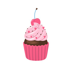Chocolate cupcake with pink cream and cherry on the top. Valentine’s day concept illustration. Vector clipart for greeting cards, wedding invitations, party, birthday cards.
