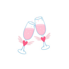 Two wineglasses with a sparkling wine and valentine decorations.  Valentine’s day concept illustration. Vector clipart for greeting cards, wedding invitations, party, birthday cards.