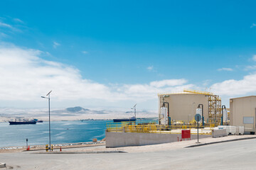 Desalination plant at port Punta Padrones with Caldera bay on de back, Caldera, Chile