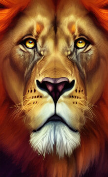 Lion portrait illustration, digital painting art. Wild lion face