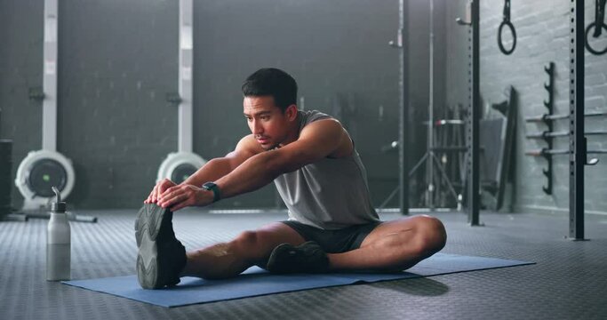 Man, break or stretching on gym floor in fitness, workout or training strong muscles, flexibility health or cardio wellness. Japanese personal trainer, sports person or coach in body warm up exercise