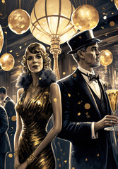 Art Deco Party Celebration Illustration, Couple at a party in the style of the early 20th century, Gatsby Style, Fashion Illustration , New Year's Eve