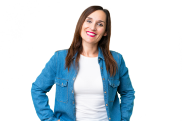 Middle age woman over isolated chroma key background laughing
