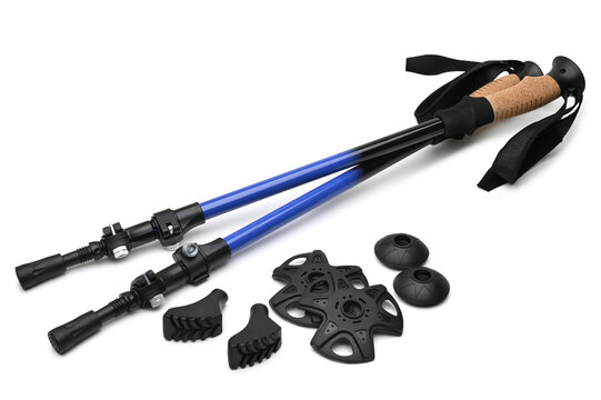 Telescopic trekking poles with baskets and tips accessories