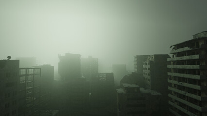 Destroyed war torn city skyline in fog