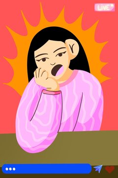 Long-haired woman with makeup rests her hand on her face while screaming on a live broadcast