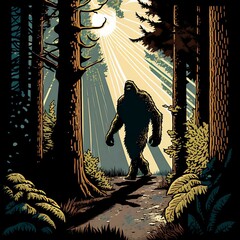 Bigfoot Walking Through the Forest | Created Using Midjourney and Photoshop - obrazy, fototapety, plakaty