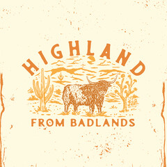 highland illustration desert graphic land design cow vintage badge t shirt - obrazy, fototapety, plakaty