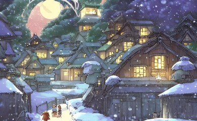 It's a cold winter day and the village is covered in a blanket of snow. The houses are quaint and the people are bundled up in their coats, scarves, and hats. It's so quiet you can almost hear the