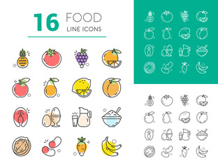 16 food icons healthy eating in sitl line art