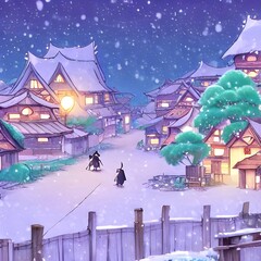 Fototapeta premium A winter village scene is depicted in the picture; it shows a number of houses and buildings made from wood, with smoke coming out of their chimneys. The roofs are covered in snow, and there is a larg
