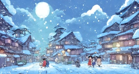 The village is blanketed in a layer of soft white snow, the smoke from the chimneys slowly rising into the air. The streets are empty and quiet, except for the sound of crunching footsteps every now a