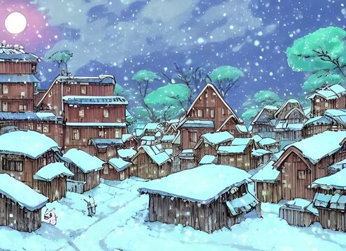 In the winter village, the snow is freshly fallen and untouched. The houses are cozy and warm, with smoke rising from their chimneys. The villagers bustle about, going to and fro on errands. There's a