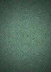 Hand-drawn unique abstract symmetrical seamless ornament. Dark semi transparent green on a light cold green with vignette of a darker background color. Paper texture. A4. (pattern: p03d)