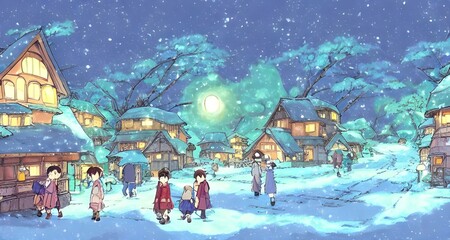 I am in a winter village. The snow is falling and I can see the lights of the houses twinkling through the trees. There is a sense of peace and calm here.