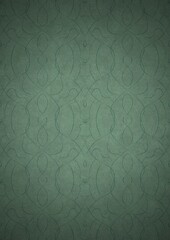 Hand-drawn unique abstract symmetrical seamless ornament. Dark semi transparent green on a light cold green with vignette of a darker background color. Paper texture. A4. (pattern: p08-1e)