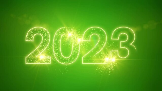 Video animation - abstract neon light in green-gold with the numbers 2023 - represents the new year - holiday concept
