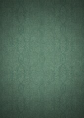 Hand-drawn unique abstract symmetrical seamless ornament. Dark semi transparent green on a light cold green with vignette of a darker background color. Paper texture. A4. (pattern: p09e)