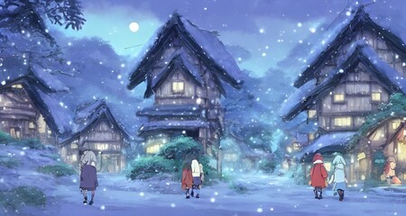 The snow is freshly untouched, a pure white that's almost too bright to look at. It blankets the ground like a smooth sheet, undisturbed except for the delicate footprints leading up to a small villag