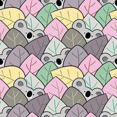 Seamless Pattern of Cartoon Koala Bear and Leaf Illustration Design © Supannee