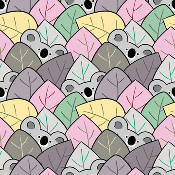 Seamless Pattern of Cartoon Koala Bear and Leaf Illustration Design