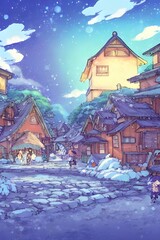 Fototapeta premium The village is quiet and still. A few snowflakes drift down from the dark sky, landing on the rooftops and coating the ground in a soft layer of white. The only sound is the crackling of firewood as
