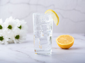 Glass with cool water, ice cubes and a slice of lemon.