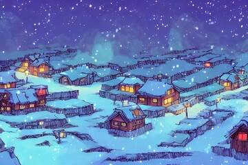 The village is blanketed in a layer of snow, the houses huddled together for warmth. Smoke drifts from chimneys and children play in the streets. Ice glazes the ponds and trees, turning them into spar