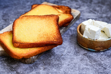 French Toast  and white Cheese. Rustic Breakfast  made from deep fried   Bread   with organic free range   Eggs