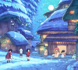 The snow is falling gently on the quaint little village, covering it in a blanket of white. The houses are all lit up and there's smoke coming from the chimneys. The church bells are ringing and peopl