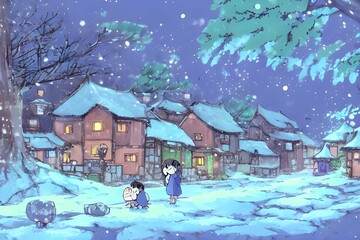 I see a winter village with houses made of ice, and people walking around in warm clothes. The sun is shining and the snow is sparkling.
