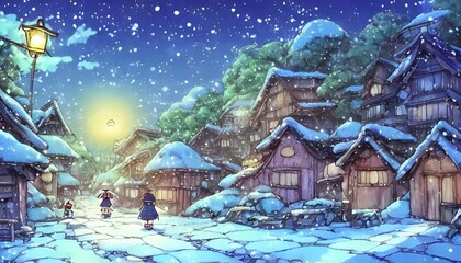 The picture is of a small village in winter. The houses are all made of wood and there is snow on the ground. The trees are bare and the sky is grey.