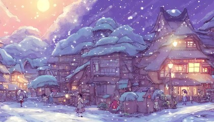 The winter village is a festive scene with sparkling lights and frosty snow. The villagers are bundled up in warm clothes, enjoying the cold weather. They are laughing and skiing down the slopes, maki