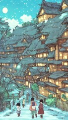 Obraz premium I see a winter village. The houses are covered in snow and there is a large Christmas tree in the center of the village. I can see people skating on the frozen pond and children playing in the snow.