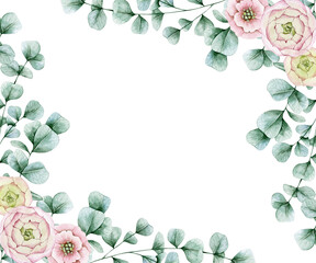 Watercolor illustration card with eucalyptus leaves and roses frame.Isolated on white background. Hand drawn clipart. Perfect for card, postcard, tags, invitation, printing, wrapping. 