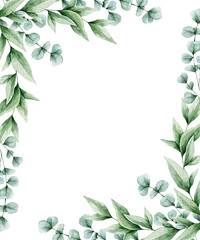 Watercolor illustration card with green eucalyptus leaves frame. Isolated on white background. Hand drawn clipart. Perfect for card, postcard, tags, invitation, printing, wrapping.