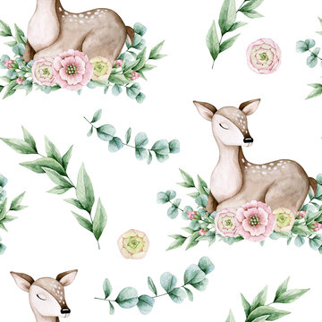 Watercolor seamless pattern with baby deer, eucalyptus branches and roses.  Isolated on white background. Hand drawn clipart. Perfect for card, fabric, tags, invitation, printing, wrapping.