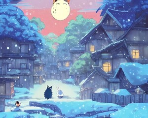 I am standing in the middle of a winter village. The snow is falling gently around me, and I can see my breath in the cold air. The houses are all covered in snow, and there's a big Christmas tree in