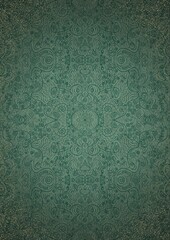 Hand-drawn unique ornament. Dark green on light cold green background, with vignette of darker background color and splatters of golden glitter. Paper texture. Digital artwork, A4. (pattern: p06d)