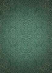 Fototapeta premium Hand-drawn unique ornament. Dark green on light cold green background, with vignette of darker background color and splatters of golden glitter. Paper texture. Digital artwork, A4. (pattern: p06e)