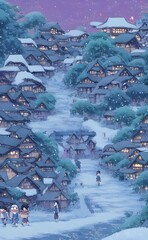 I am standing in the middle of a winter village. The snow is falling gently around me, and I can see my breath in the cold air. The houses are made of wood and have big chimneys, smoke rising from the