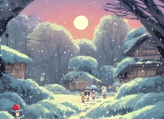 The sun hangs low in the sky, painting the world in a wash of oranges and reds. The village is silent; all of its people have gone inside to escape the cold. A few snowflakes drift lazily through