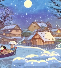 The village is blanketed in snow, the houses and trees dusted with a thin layer of frost. icicles hang from the roofs, glistening in the sunlight. Smoke rises from chimneys, curling into the air