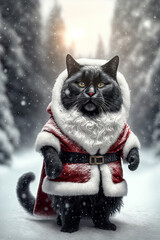 Black cat as Santa Claus in a snowy landscape, greeting card, Santa Claus cat, snow, winter, season, greeting card, illustration, digital