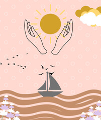 sailing boat on the sea with a beautiful sunrise in the light pinkish background for meditation