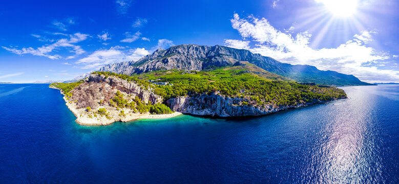 Town of Breal Makarska and Nugal mountain aerial panoramic view, Makarska riviera in Dalmatia, Croatia