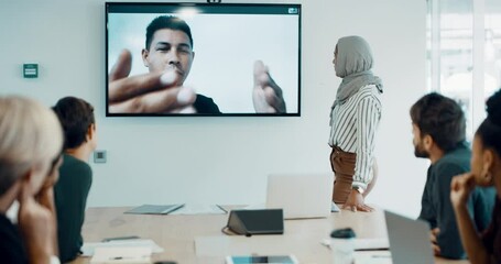 Video conference room, screen and people in business communication, global staff update and ceo boss for kpi review. Virtual meeting, TV monitor and video call in international company collaboration
