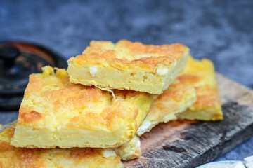 Bakery .Home made Ketogenic   cheese pie  with low carb  phyllo pastry, feta cheese  and organic eggs. Bulgarian banitsa in keto version. Gluten free diet food 